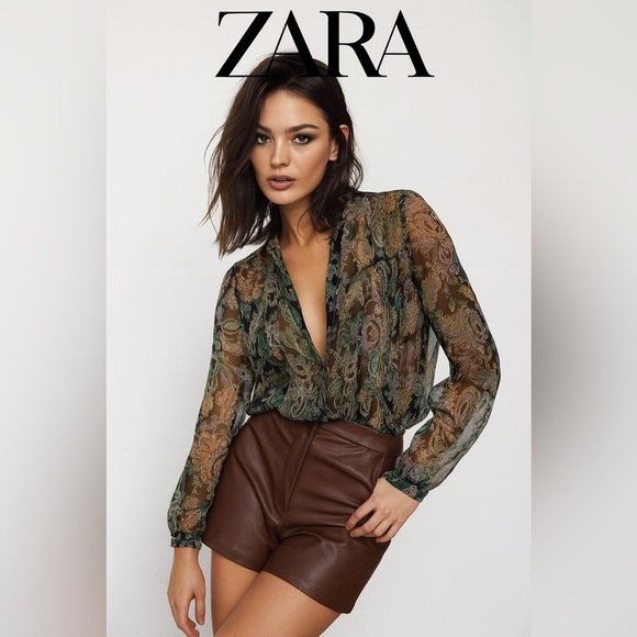 ZARA Floral Sheer Button  Down Collarless Shirt - Picture 1 of 7